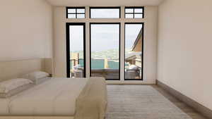 Bedroom with a mountain view and light hardwood / wood-style floors