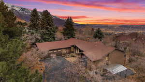 Aerial view at dusk with a mountain view