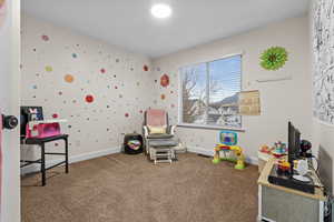 Game room with carpet flooring