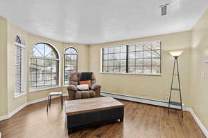 Sitting room with hardwood / wood-style floors, a textured ceiling, and baseboard heating