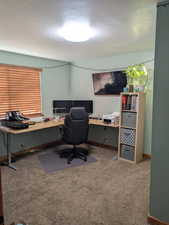 Office area featuring a textured ceiling and carpet