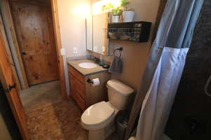 Bathroom with vanity, toilet, and walk in shower