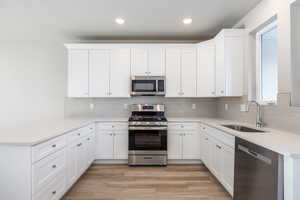 Kitchen featuring tasteful backsplash, white cabinetry, sink, stainless steel appliances, and light hardwood / wood-style flooring