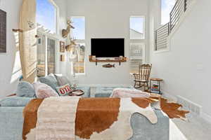 Living room with carpet, a healthy amount of sunlight, and a towering ceiling