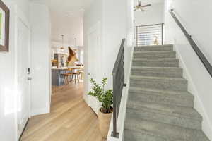 Staircase featuring wood-type flooring and ceiling fan