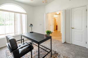 Office area with carpet, plenty of natural light, and ceiling fan