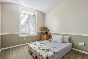 Carpeted bedroom featuring vaulted ceiling