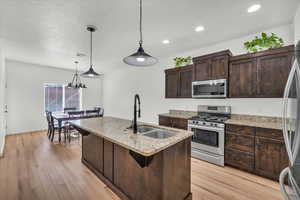 Kitchen featuring dark brown cabinetry, sink, appliances with stainless steel finishes, pendant lighting, and a kitchen island with sink