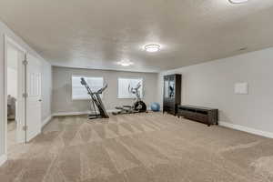 Family room with light colored carpet and a textured ceiling.