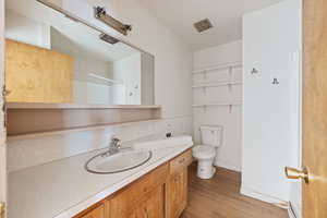 Bathroom with hardwood / wood-style flooring, vanity, and toilet