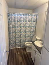 Bathroom featuring vanity, hardwood / wood-style flooring, a textured ceiling, and toilet