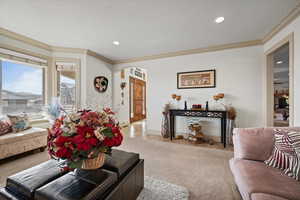 Carpeted living room featuring ornamental molding and a textured ceiling