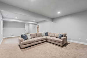 Basement Family Room with wet bar & bath rough plumbed in, & a huge storage room