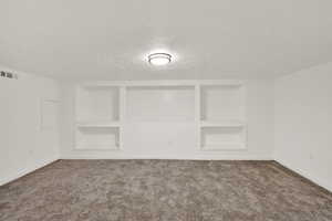 Basement living room with built in shelves and a textured ceiling