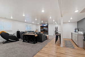 Basement Living room with sink, a textured ceiling, and light wood-type flooring