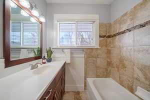 Bathroom with vanity and a bathtub