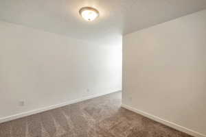 Carpeted spare room with a textured ceiling