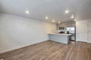 Kitchen featuring gray cabinets, appliances with stainless steel finishes, wood-type flooring, sink, and kitchen peninsula