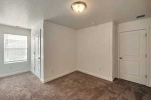 Carpeted spare room with a textured ceiling