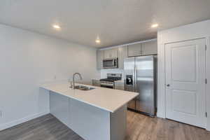 Kitchen featuring sink, gray cabinetry, kitchen peninsula, stainless steel appliances, and light wood-type flooring