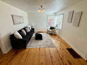 Living room with a textured ceiling and light hardwood / wood-style flooring