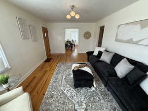 Living room featuring wood-type flooring and a textured ceiling