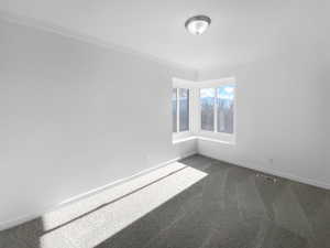 Unfurnished room featuring dark colored carpet and ornamental molding