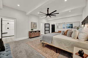 Primary bedroom on the main floor and ensuite bathroom