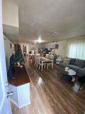 Living room featuring dark hardwood / wood-style floors and a textured ceiling