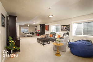 Living area with a wealth of natural light, carpet, and baseboards