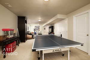 Rec room featuring light colored carpet, visible vents, and a textured ceiling