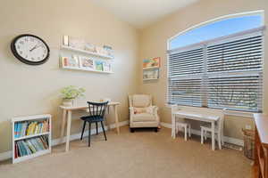 Living area with light carpet