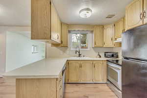 Kitchen featuring appliances with stainless steel finishes, sink, light hardwood / wood-style floors, kitchen peninsula, and light brown cabinets