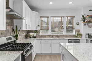 Kitchen with wall chimney range hood, sink, white cabinetry, stainless steel appliances, and light stone countertops