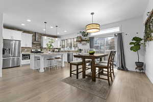 Dining space featuring sink and light hardwood / wood-style flooring