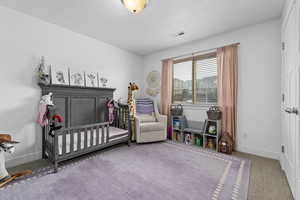 Carpeted bedroom with a crib