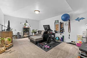 Workout room with carpet and a textured ceiling