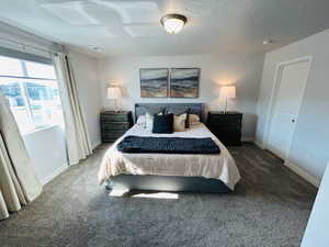 Carpeted bedroom with a textured ceiling