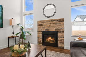 Living room with wood-type flooring and a fireplace