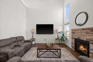 Living room featuring hardwood / wood-style flooring, a towering ceiling, and a fireplace