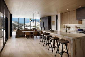 Kitchen with sink, a breakfast bar, hanging light fixtures, light hardwood / wood-style floors, and a mountain view