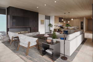 Living room with a fireplace, wooden ceiling, and light wood-type flooring