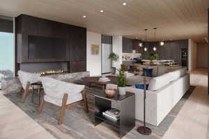 Living room featuring a fireplace, light wood-type flooring, and wooden ceiling