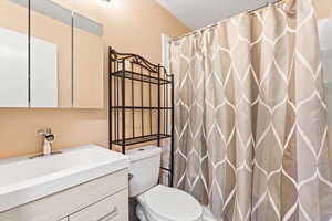 Full bathroom with curtained shower, vanity, and toilet