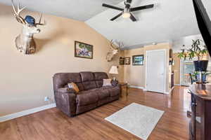 Living room featuring a ceiling fan, vaulted ceiling, and dark wood finished floors