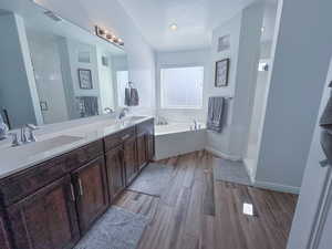 Bathroom with vanity, hardwood / wood-style floors, plus walk in shower, and a textured ceiling