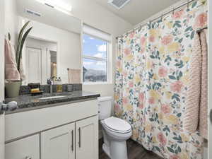 Bathroom featuring hardwood / wood-style flooring, vanity, and toilet