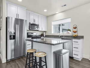 Kitchen featuring sink, appliances with stainless steel finishes, a kitchen breakfast bar, a kitchen island, and white cabinets