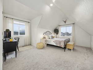 Carpeted bedroom featuring vaulted ceiling and a textured ceiling