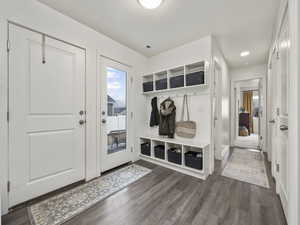 Mudroom with dark wood-type flooring, a textured ceiling, and a wealth of natural light